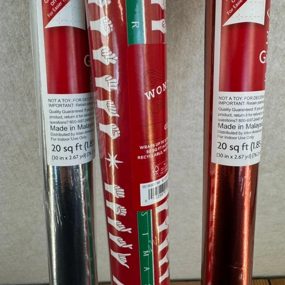 Three Rolls Wrapping Paper Red Silver Red Metallic ASL